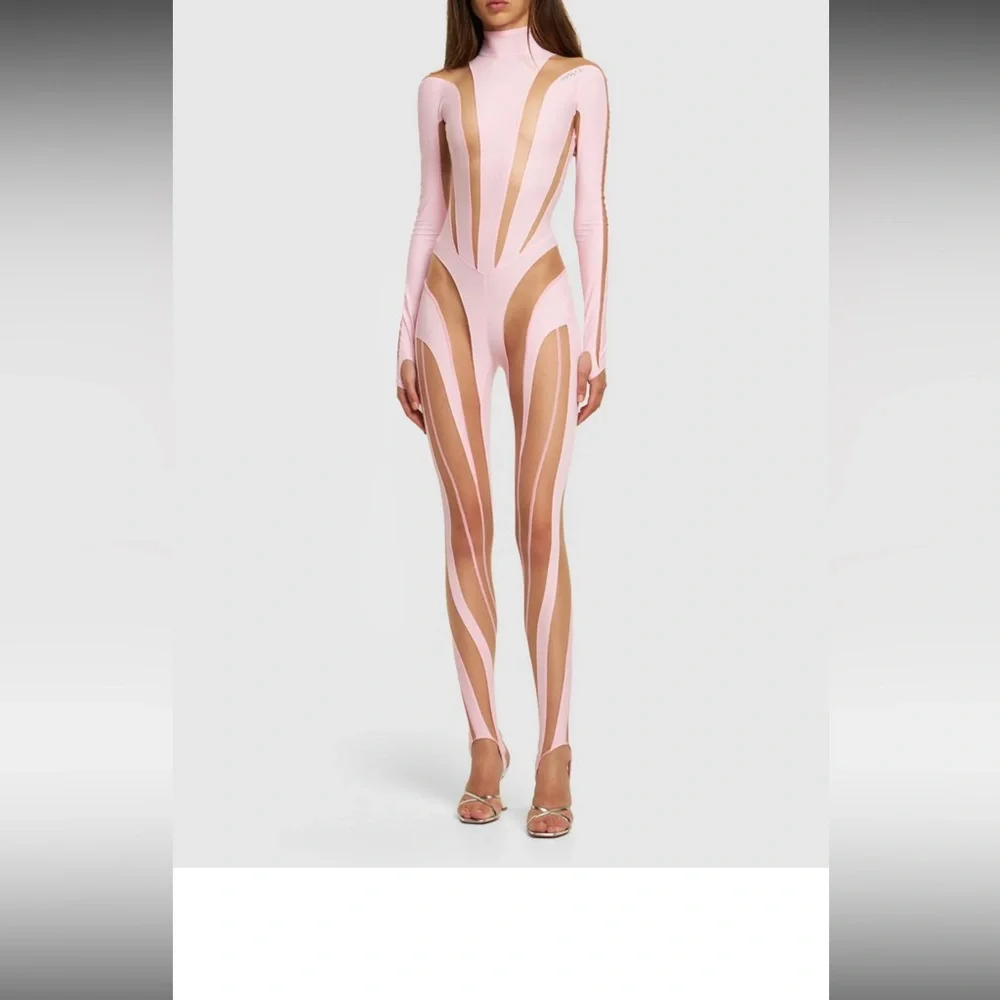 MUGLER - Lvr Exclusive Jersey & Tulle Jumpsuit - Picture 8 of 9